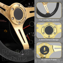 Load image into Gallery viewer, Universal 350mm Heavy Duty Steel Wood Grain Style Steering Wheel Gold Center Black Wood
