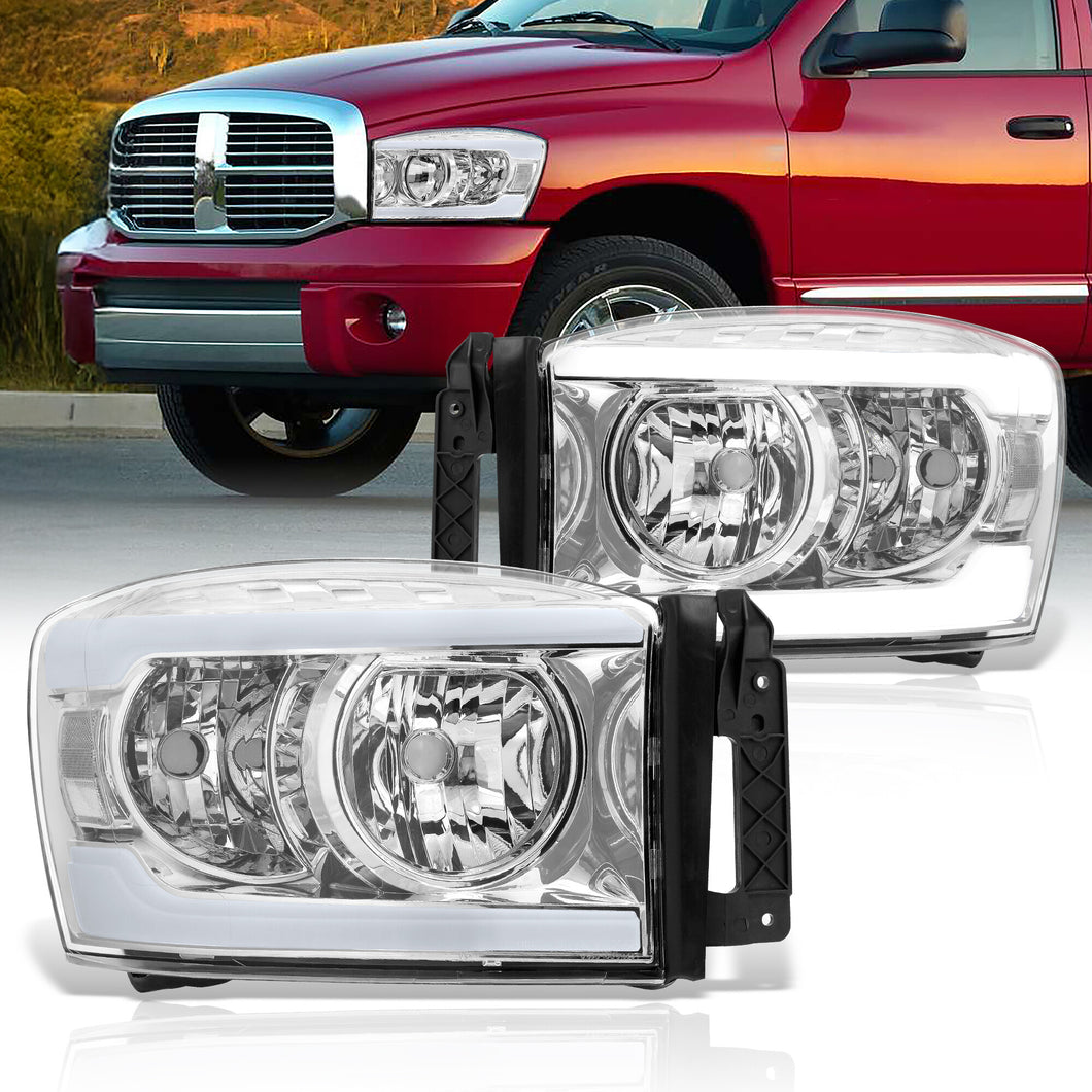Dodge Ram 1500 2006-2008 / Ram 2500 3500 2006-2009 LED DRL Bar Factory Style Headlights Chrome Housing Clear Len Clear Reflector