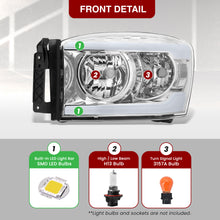 Load image into Gallery viewer, Dodge Ram 1500 2006-2008 / Ram 2500 3500 2006-2009 LED DRL Bar Factory Style Headlights Chrome Housing Clear Len Clear Reflector
