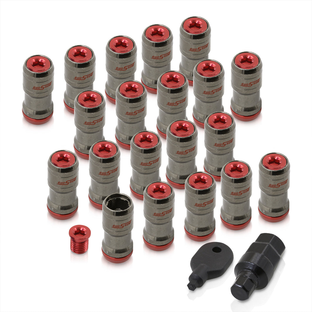 God Snow Lug Nuts M12 x1.25mm Thread pitch Gunmetal Body Red Trim (20 Piece +1 Key)