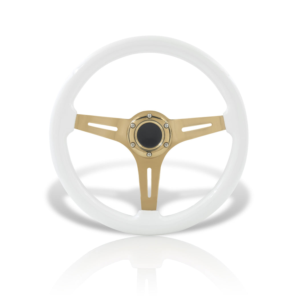 Universal 350mm Heavy Duty Steel Wood Grain Style Steering Wheel Gold Center White Wood