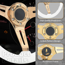 Load image into Gallery viewer, Universal 350mm Heavy Duty Steel Wood Grain Style Steering Wheel Gold Center White Wood
