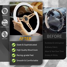 Load image into Gallery viewer, Universal 350mm Heavy Duty Steel Wood Grain Style Steering Wheel Gold Center White Wood
