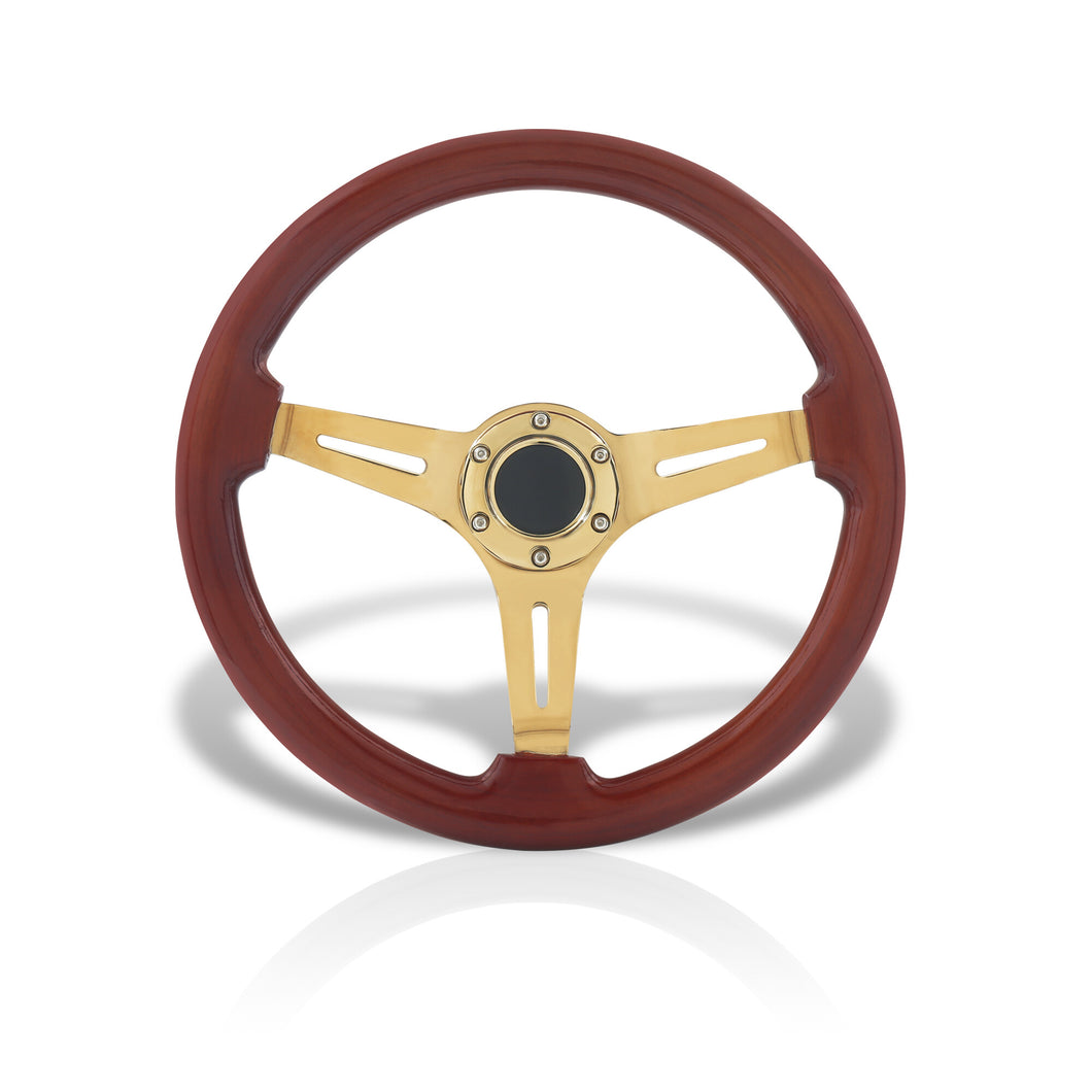 Universal 350mm Heavy Duty Steel Wood Grain Style Steering Wheel Gold Center Light Wood