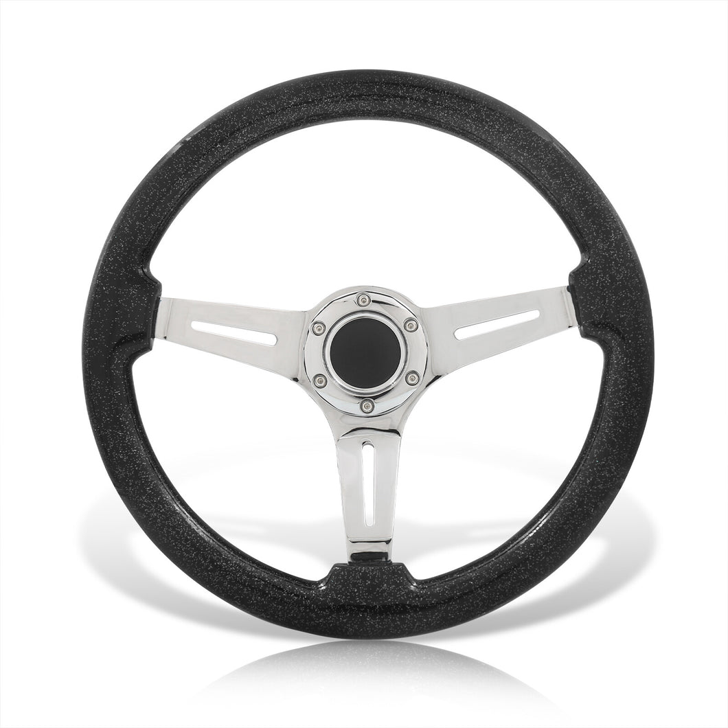 Universal 350mm Heavy Duty Steel Wood Grain Style Steering Wheel Polish Center Metallic Black Wood