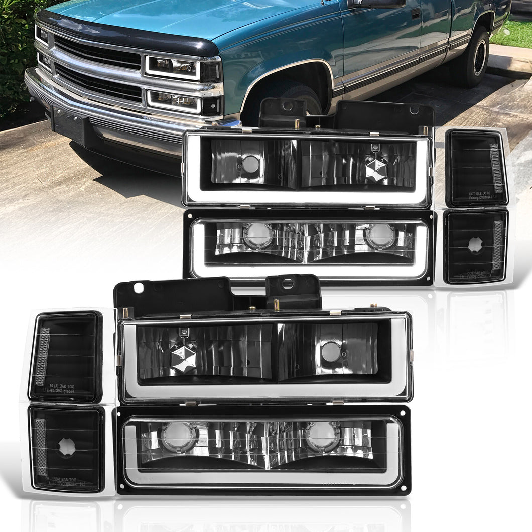 Chevrolet C/K 1500 2500 3500 1994-1998 LED DRL Bar Factory Style Headlights + Bumpers + Corners Black Housing Clear Len Clear Reflector