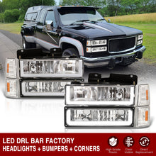 Load image into Gallery viewer, GMC C/K 1500 2500 3500 1994-2000 LED DRL Bar Factory Style Headlights + Bumpers + Corners Chrome Housing Clear Len Amber Reflector
