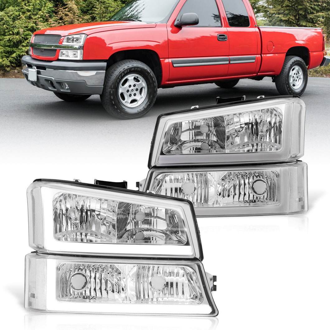 Chevrolet Silverado 2003-2006 LED DRL Bar Factory Style Headlights + Bumpers Chrome Housing Clear Len Clear Reflector