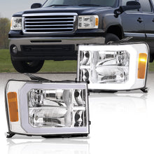 Load image into Gallery viewer, GMC Sierra 1500 2007-2013 / 2500HD 3500HD 2007-2014 LED DRL Bar Factory Style Headlights Chrome Housing Clear Len Amber Reflector
