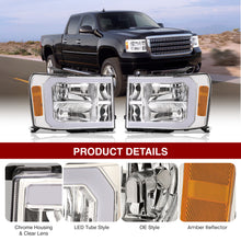 Load image into Gallery viewer, GMC Sierra 1500 2007-2013 / 2500HD 3500HD 2007-2014 LED DRL Bar Factory Style Headlights Chrome Housing Clear Len Amber Reflector
