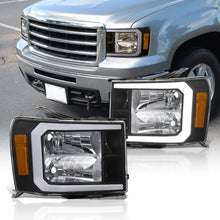 Load image into Gallery viewer, GMC Sierra 1500 2007-2013 / 2500HD 3500HD 2007-2014 LED DRL Bar Factory Style Headlights Black Housing Clear Len Amber Reflector
