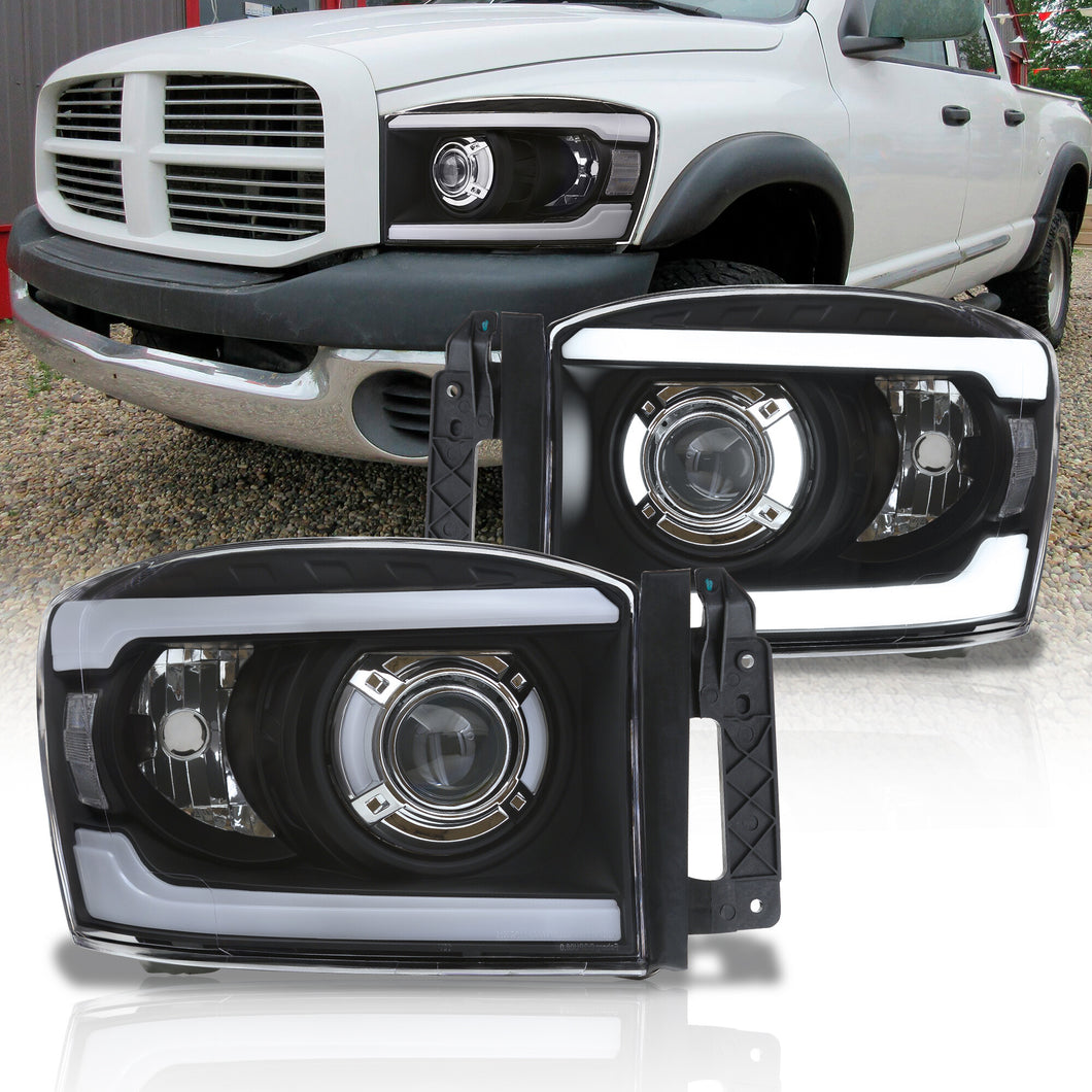 Dodge Ram 1500 2006-2008 / Ram 2500 3500 2006-2009 LED DRL Bar Projector Headlights Black Housing Clear Len Clear Reflector