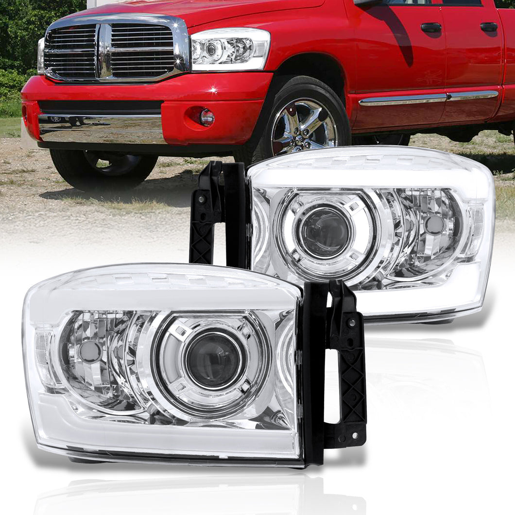 Dodge Ram 1500 2006-2008 / Ram 2500 3500 2006-2009 LED DRL Bar Projector Headlights Chrome Housing Clear Len Clear Reflector
