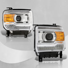 Load image into Gallery viewer, GMC Sierra 1500 2014-2018 / Sierra 2500HD 3500HD 2015-2019 LED DRL Bar Factory Style Projector Headlights Chrome Housing Clear Len Amber Reflector (Halogen Models Only)
