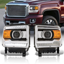 Load image into Gallery viewer, GMC Sierra 1500 2014-2018 / Sierra 2500HD 3500HD 2015-2019 LED DRL Bar Factory Style Projector Headlights Black Housing Clear Len Amber Reflector (Halogen Models Only)
