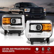 Load image into Gallery viewer, GMC Sierra 1500 2014-2018 / Sierra 2500HD 3500HD 2015-2019 LED DRL Bar Factory Style Projector Headlights Black Housing Clear Len Amber Reflector (Halogen Models Only)
