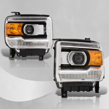 Load image into Gallery viewer, GMC Sierra 1500 2014-2018 / Sierra 2500HD 3500HD 2015-2019 LED DRL Bar Factory Style Projector Headlights Black Housing Clear Len Amber Reflector (Halogen Models Only)
