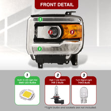 Load image into Gallery viewer, GMC Sierra 1500 2014-2018 / Sierra 2500HD 3500HD 2015-2019 LED DRL Bar Factory Style Projector Headlights Black Housing Clear Len Amber Reflector (Halogen Models Only)

