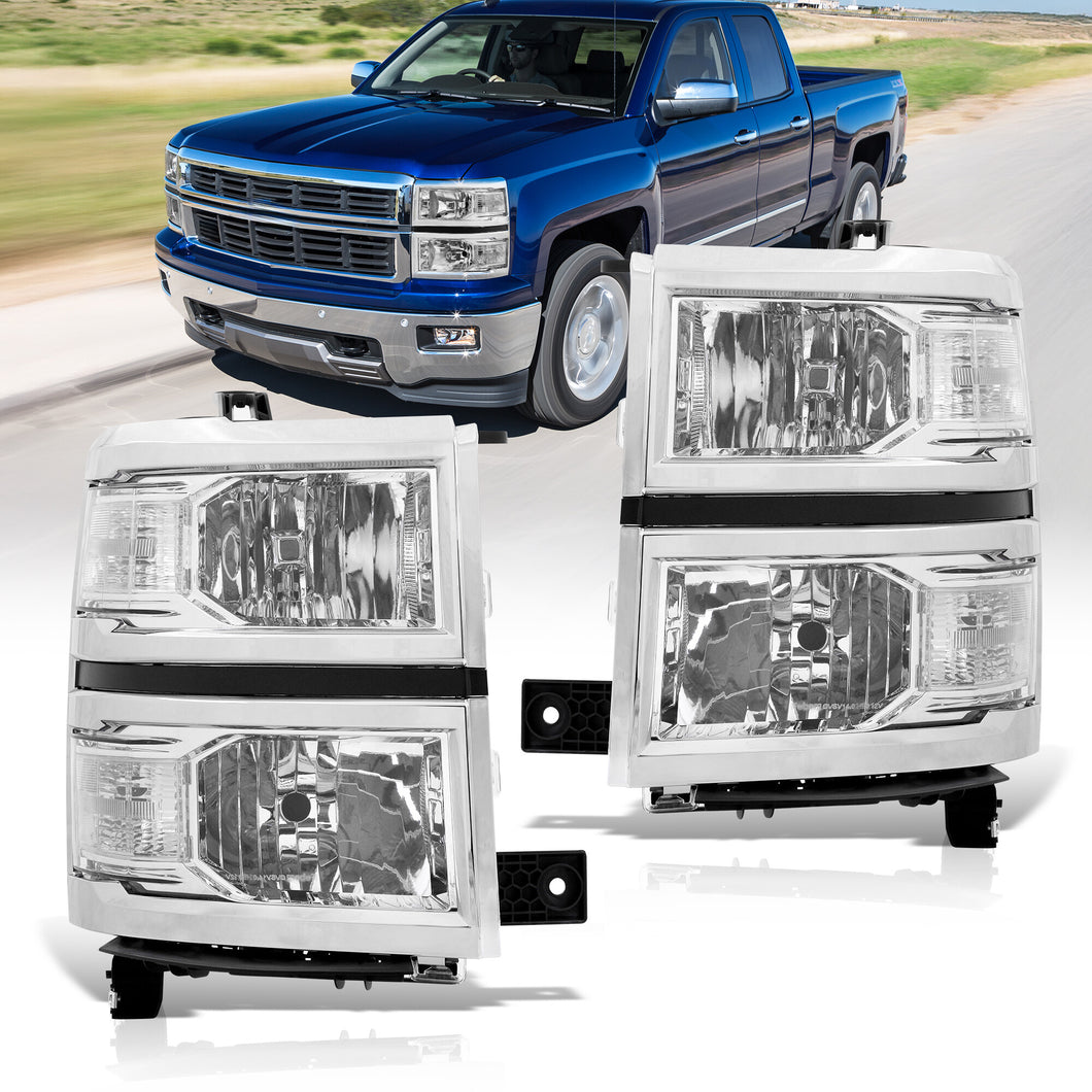 Chevrolet Silverado 1500 2014-2015 Factory Style Headlights Chrome Housing Clear Len Clear Reflector (Will Not Fit 2500 & HD Models)