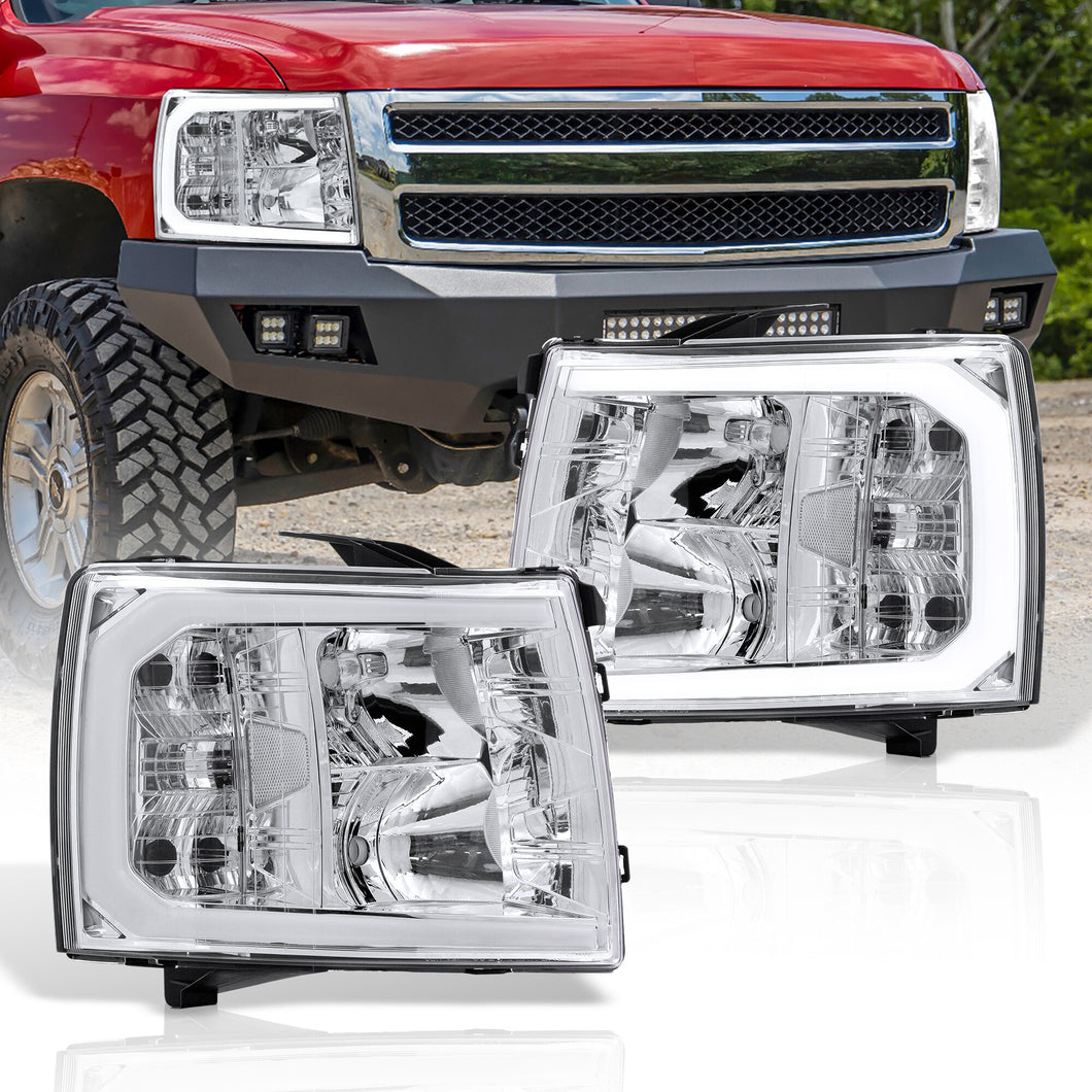 Chevrolet Silverado 2007-2013 LED DRL Bar Factory Style Headlights Chrome Housing Clear Len Clear Reflector
