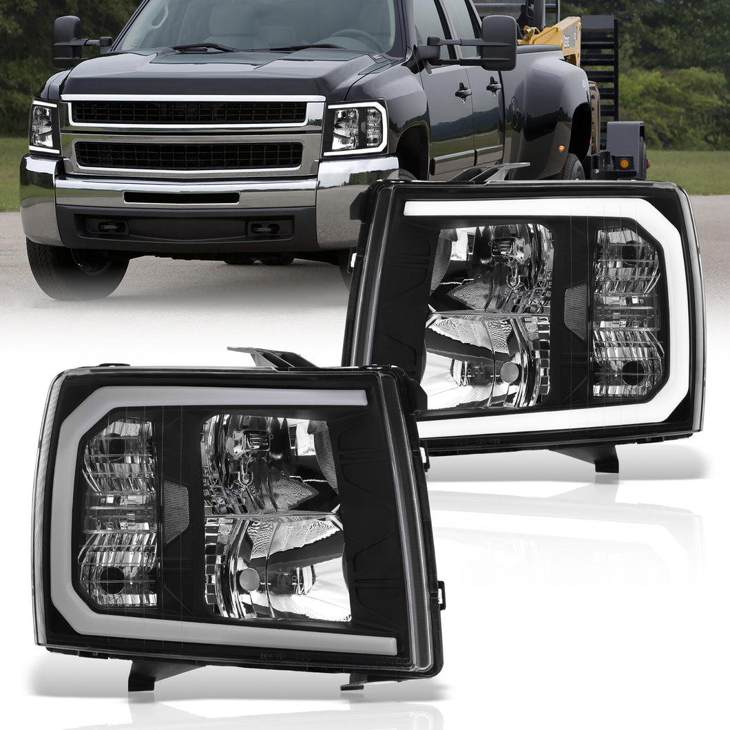 Chevrolet Silverado 2007-2013 LED DRL Bar Factory Style Headlights Black Housing Clear Len Clear Reflector