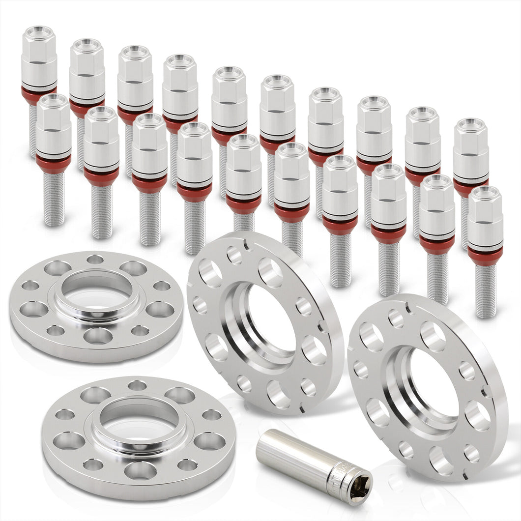 Universal 4 Piece Wheel Spacers + Extended Lug Nut Bolts Silver - PCD: 5x120 | Thread Pitch: M14x1.25 | Bore: 72.56mm | Thickness: 15mm | Lug Nuts: 40mm