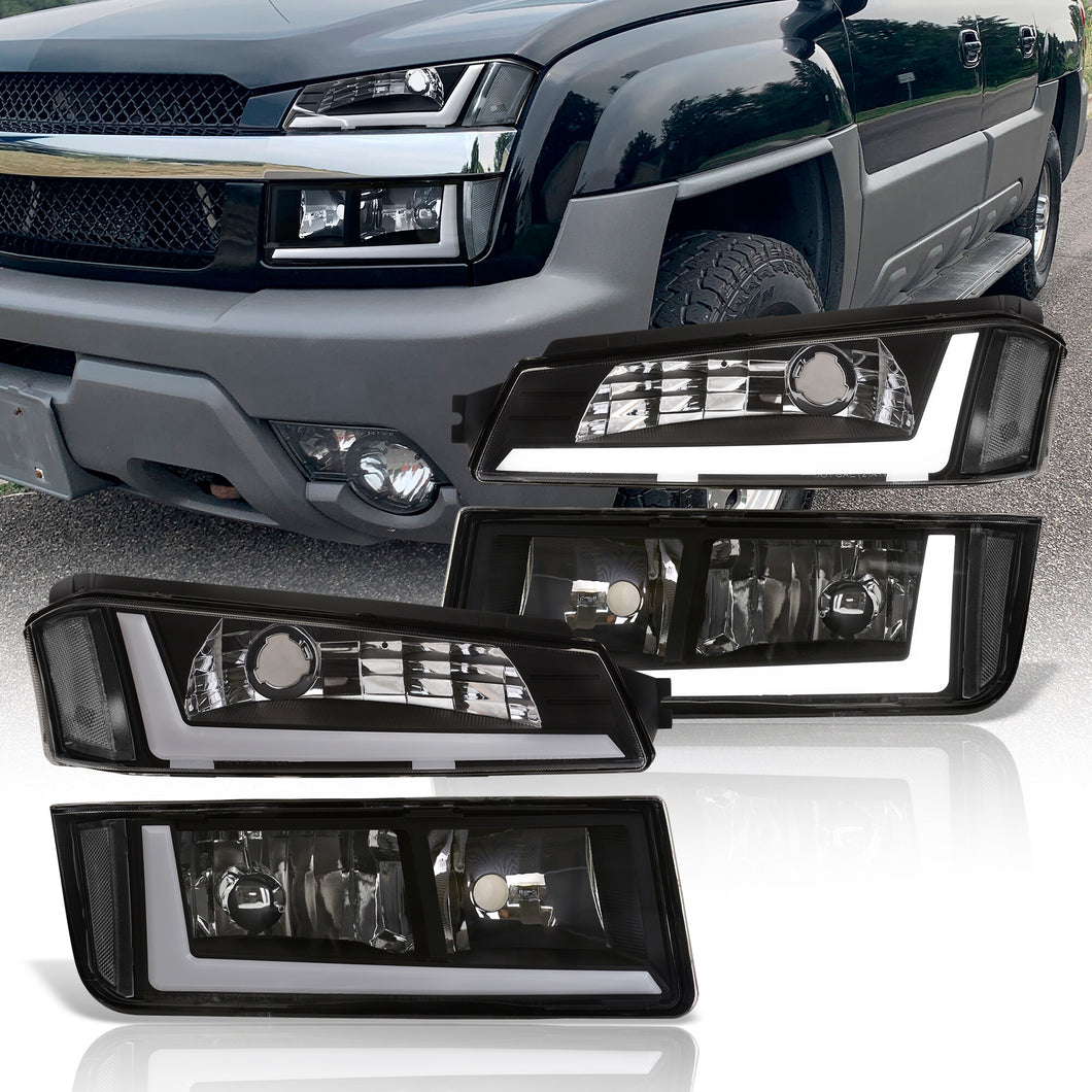 Chevrolet Avalanche (Plastic Body Cladding Models Only) 2002-2006 LED DRL Bar Factory Style Headlights + Bumpers Black Housing Clear Len Clear Reflector