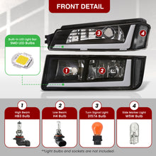 Load image into Gallery viewer, Chevrolet Avalanche (Plastic Body Cladding Models Only) 2002-2006 LED DRL Bar Factory Style Headlights + Bumpers Black Housing Clear Len Clear Reflector

