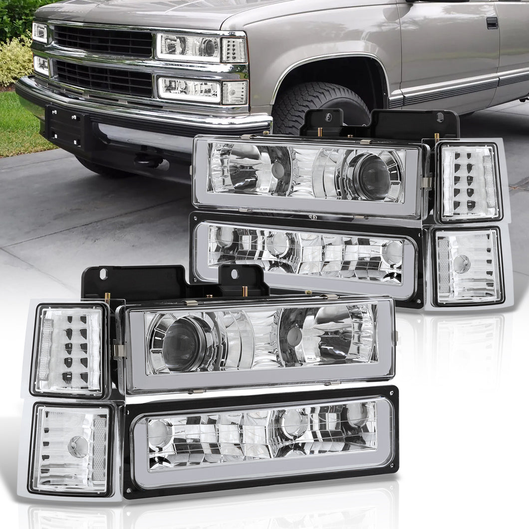 Chevrolet C/K 1500 2500 3500 1994-1998 LED DRL Bar Projector Headlights + Bumpers + Corners Chrome Housing Clear Len Clear Reflector