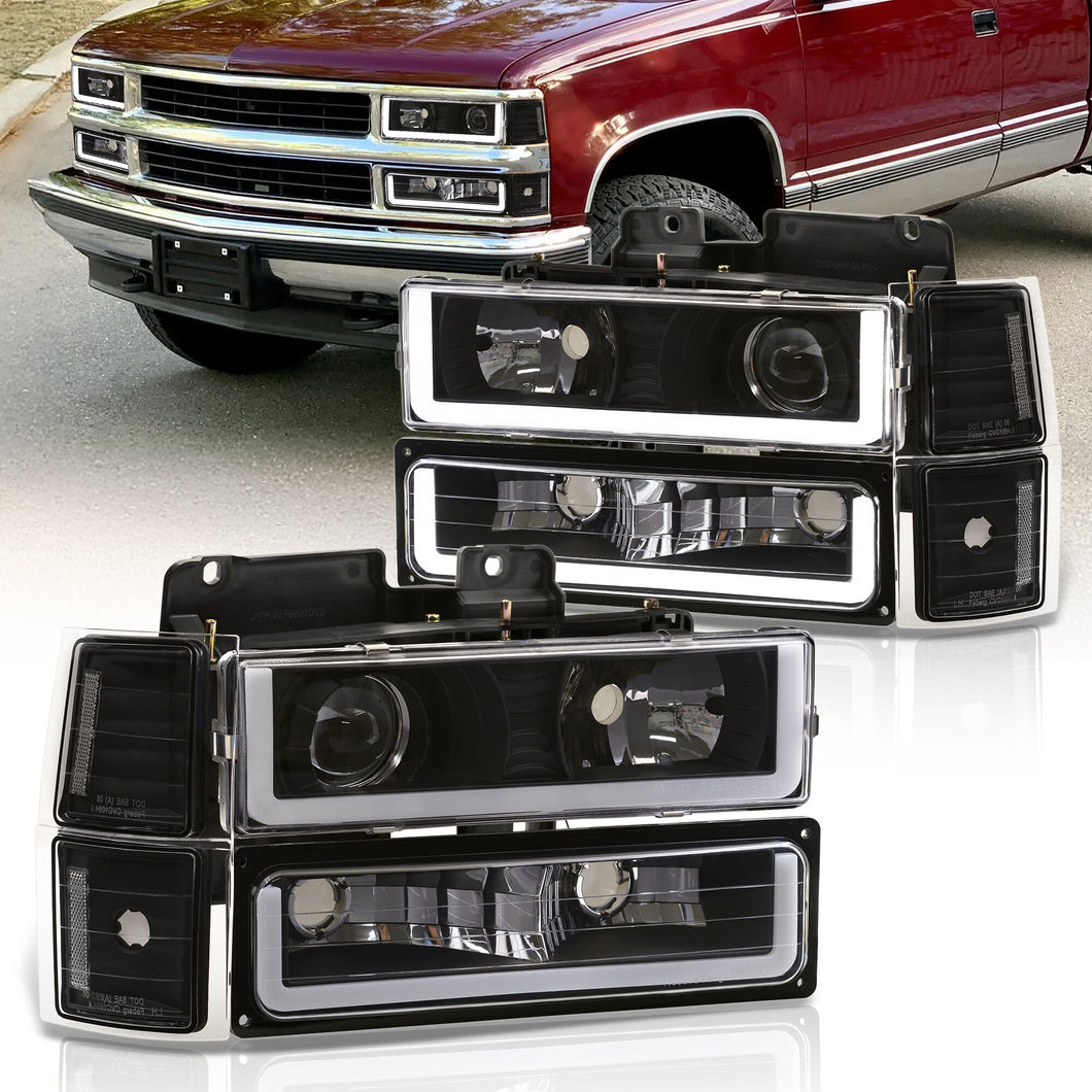 Chevrolet C/K 1500 2500 3500 1994-1998 LED DRL Bar Projector Headlights + Bumpers + Corners Black Housing Clear Len Clear Reflector