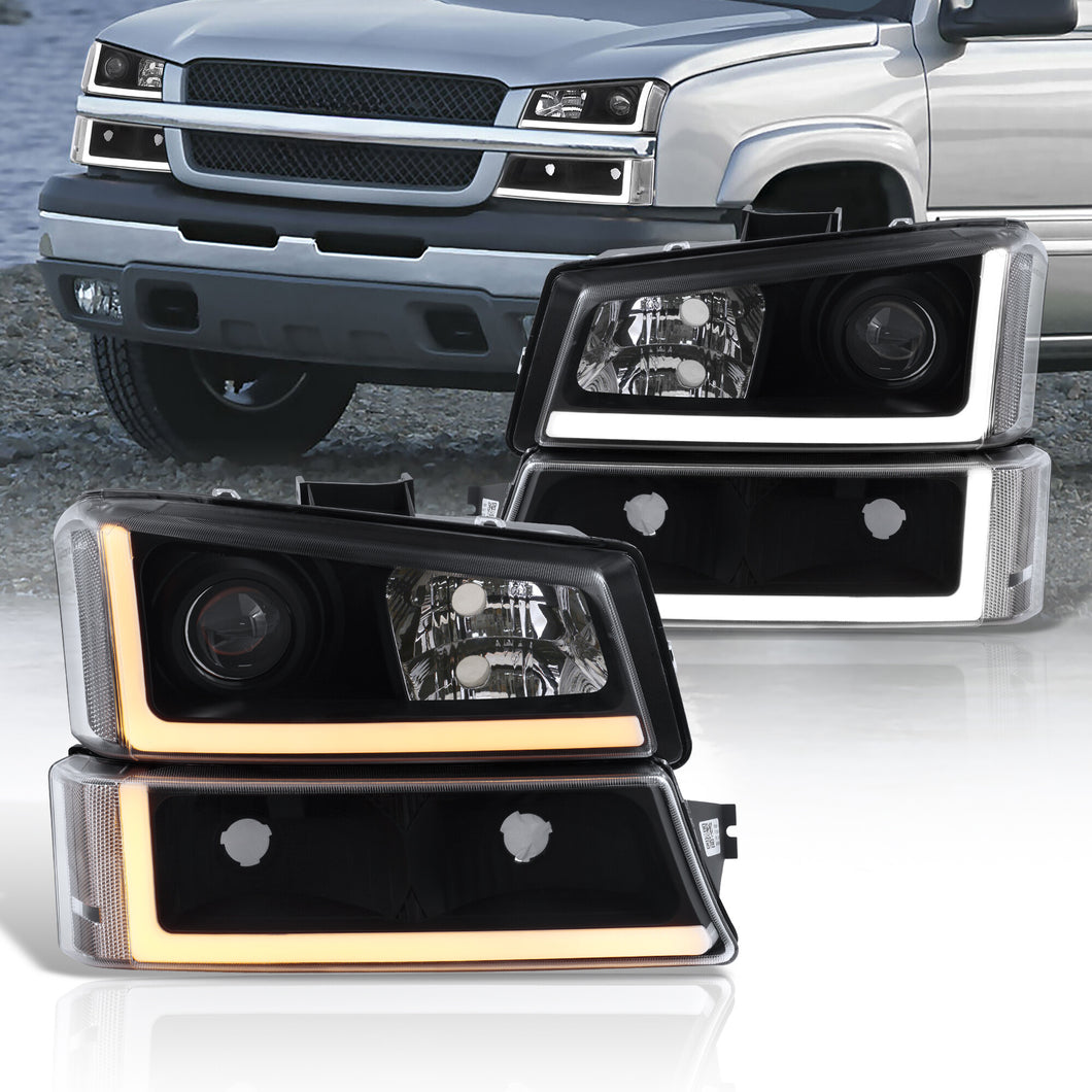 Chevrolet Silverado 2003-2006 Sequential LED DRL Bar Projector Headlights + Bumpers Black Housing Clear Len Clear Reflector