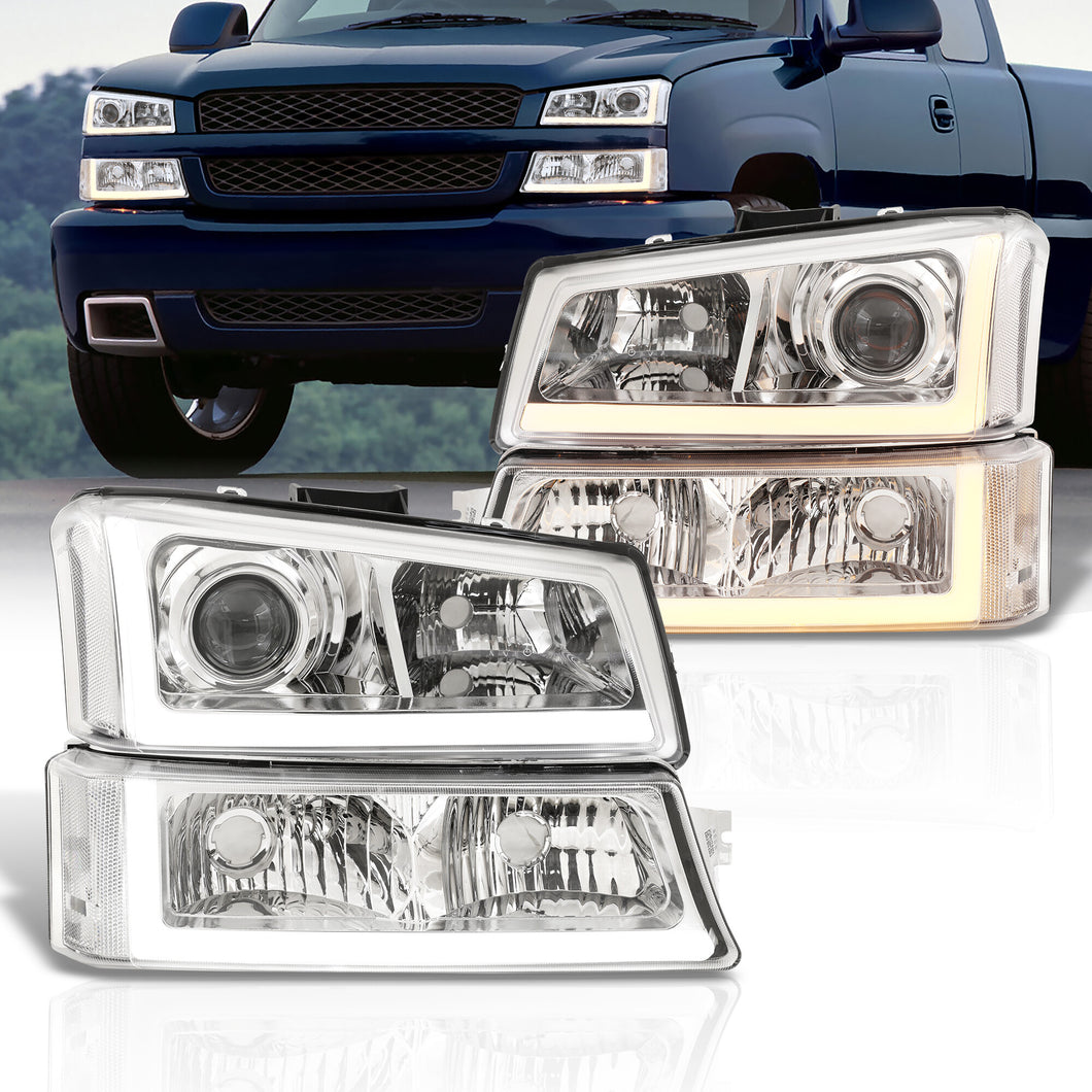 Chevrolet Silverado 2003-2006 Sequential LED DRL Bar Projector Headlights + Bumpers Chrome Housing Clear Len Clear Reflector