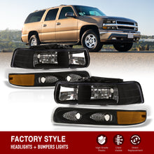 Load image into Gallery viewer, Chevrolet Silverado 1999-2002 / Suburban Tahoe 2000-2006 Factory Style Headlights + Bumpers Black Housing Clear Len Amber Reflector
