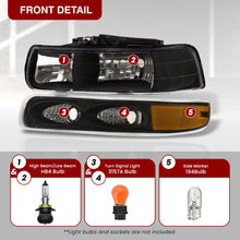 Load image into Gallery viewer, Chevrolet Silverado 1999-2002 / Suburban Tahoe 2000-2006 Factory Style Headlights + Bumpers Black Housing Clear Len Amber Reflector
