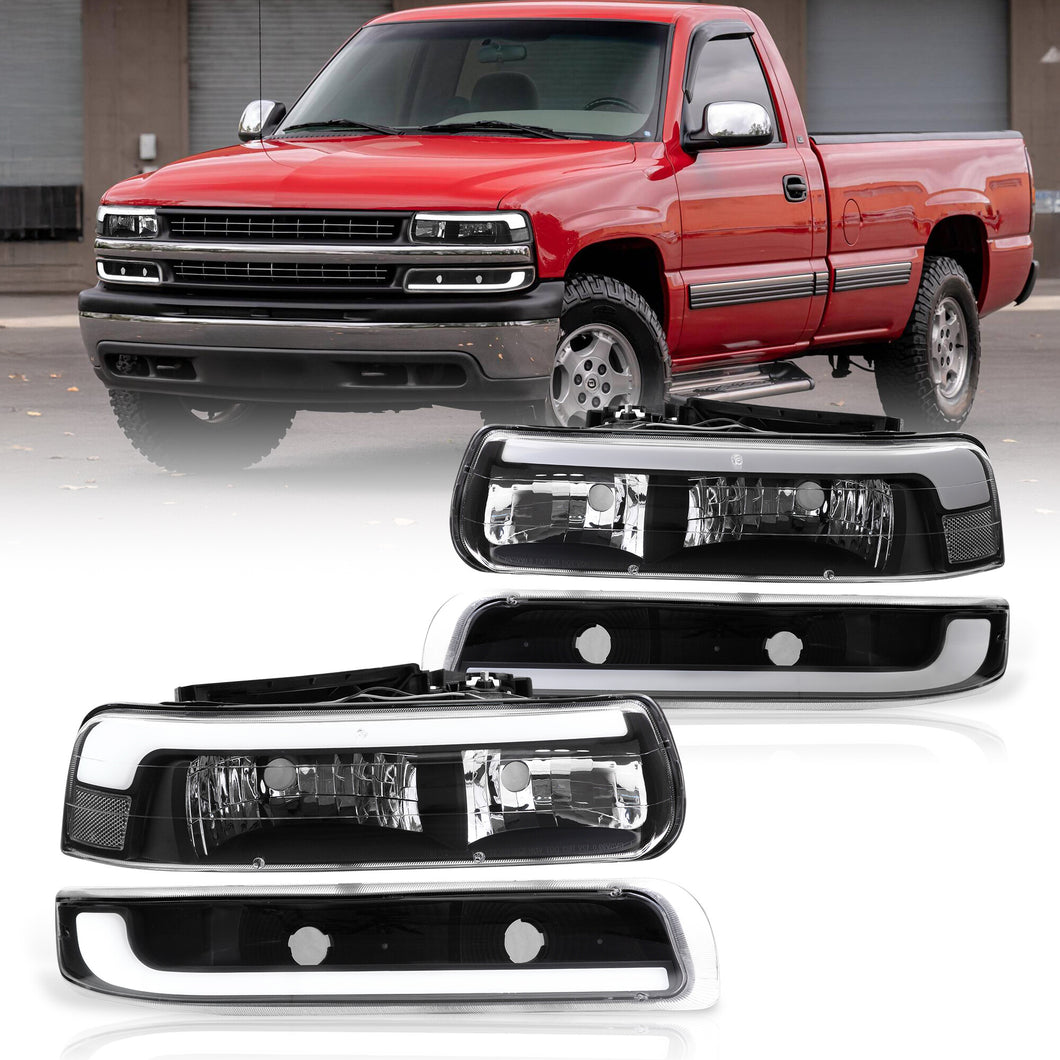 Chevrolet Silverado 1999-2002 / Suburban Tahoe 2000-2006 LED DRL Bar Factory Style Headlights + Bumpers Black Housing Clear Len Clear Reflector