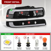 Load image into Gallery viewer, Chevrolet Silverado 1999-2002 / Suburban Tahoe 2000-2006 LED DRL Bar Factory Style Headlights + Bumpers Black Housing Clear Len Clear Reflector

