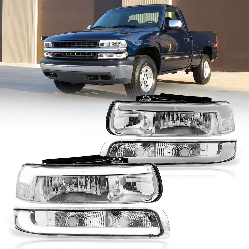 Chevrolet Silverado 1999-2002 / Suburban Tahoe 2000-2006 LED DRL Bar Factory Style Headlights + Bumpers Chrome Housing Clear Len Clear Reflector