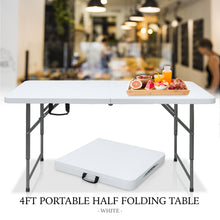 Load image into Gallery viewer, AJP Distributors 4FT Portable Plastic Folding Table Half Foldable Heavy Duty w/ Carry Handle (White) - Indoor Outdoor Backyard Camping Picnic Birthday BBQ Party Wedding Dining Office Event Meeting
