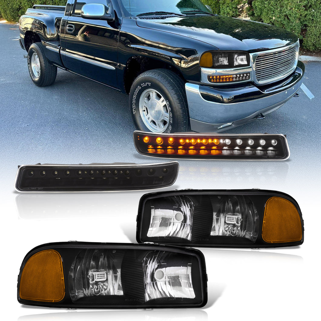 GMC Sierra 1500 1500HD 2500 2500HD 3500 1999-2006 / Sierra Classic 2007 / Yukon 2000-2006 / Yukon XL 1500 2500 2000-2006 Factory Style Headlights + LED Bumpers Black Housing Clear Len Amber Reflector