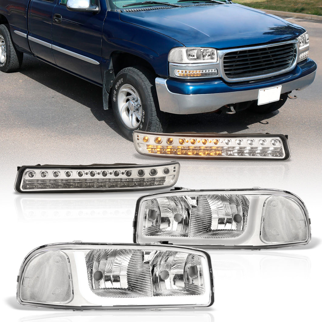 GMC Sierra 1500 2500 1999-2007 / Sierra 1500HD 2500HD 3500 2001-2007 / Yukon 1999-2006 / Yukon XL 1500 2500 2000-2006 LED DRL Bar Factory Style Headlights + LED Bumpers Chrome Housing Clear Len Clear Reflector