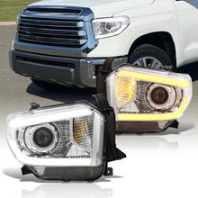 Load image into Gallery viewer, Toyota Tundra 2014-2021 LED DRL Bar Projector Headlights Chrome Housing Clear Len Clear Reflector (Halogen Models Only) Sequential Only fits model WITH LED DRL AND LEVEL ADJUSTER
