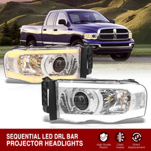 Load image into Gallery viewer, Dodge Ram 1500 2002-2005 / Ram 2500 3500 2003-2005 LED DRL Bar Projector Headlights Chrome Housing Clear Len Clear Reflector Sequential
