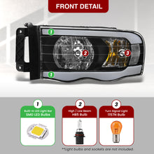 Load image into Gallery viewer, Dodge Ram 1500 2002-2005 / Ram 2500 3500 2003-2005 LED DRL Bar Factory Style Headlights Black Housing Clear Len Clear Reflector Sequential
