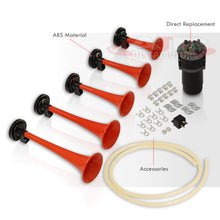 Load image into Gallery viewer, Universal 5 Piece 125Db Air Horn Compressor Trumpets &quot;Dukes Of Hazzard&quot; Kit Red
