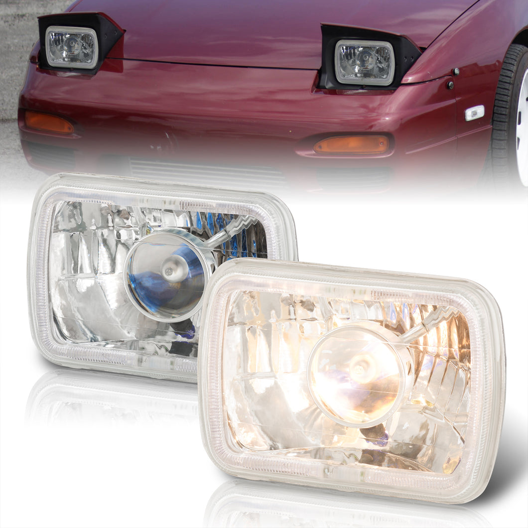 Pair 7x6 Inch Chrome Halo Projector Headlights – Glass Lens, White LED Halo, H4