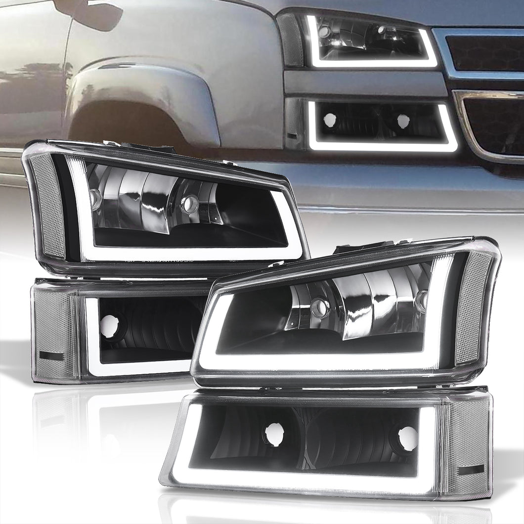 Chevrolet Silverado 2003-2006 LED DRL Bar Factory Style Headlights + Bumpers Black Housing Clear Len Clear Reflector