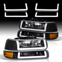 Load image into Gallery viewer, Chevrolet Silverado 1999-2002 / Suburban Tahoe 2000-2006 LED DRL Bar Factory Style Headlights + Bumpers Black Housing Clear Len Amber Reflector
