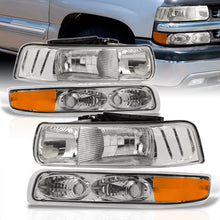 Load image into Gallery viewer, Chevrolet Silverado 1999-2002 / Suburban Tahoe 2000-2006 Factory Style Headlights + Bumpers Chrome Housing Clear Len Amber Reflector
