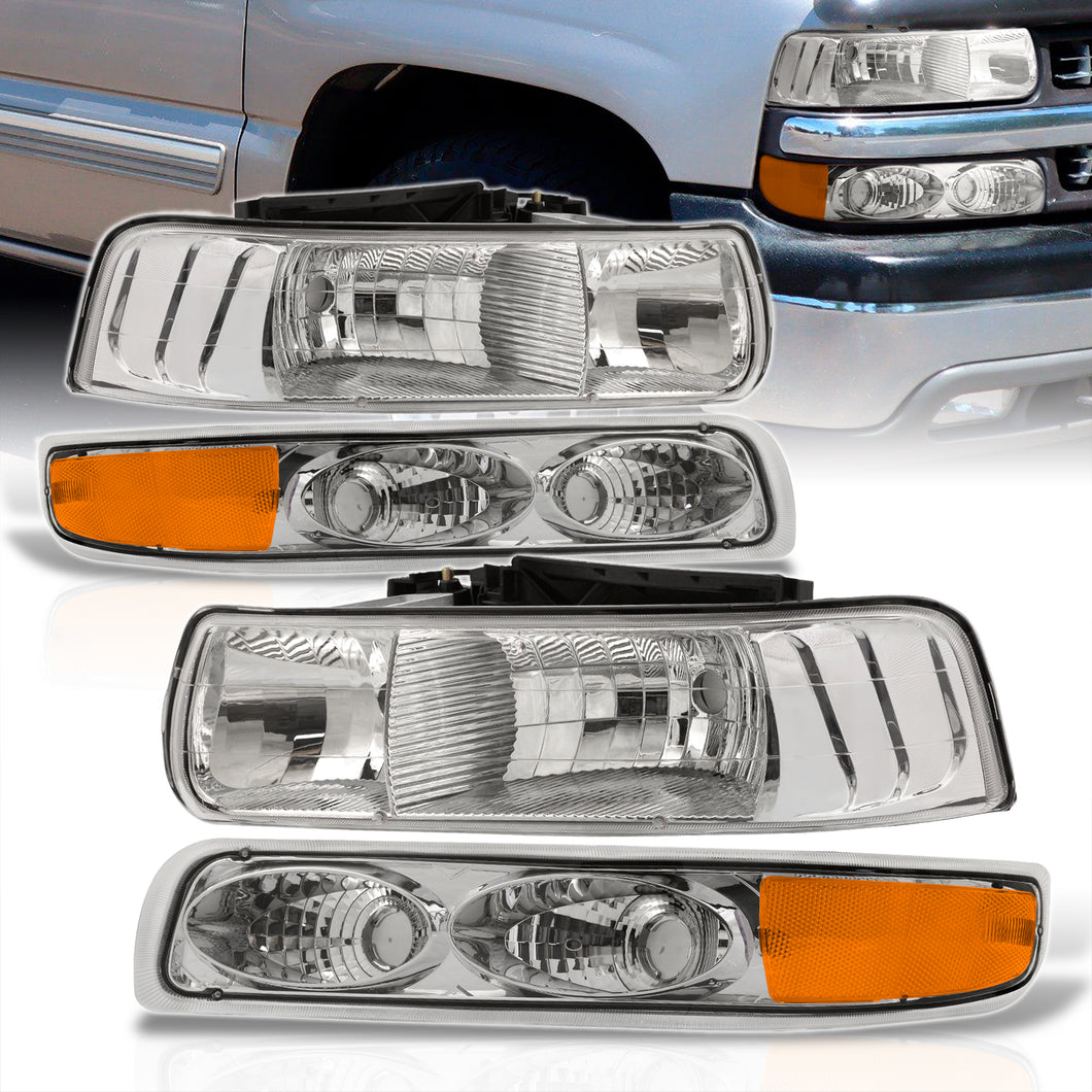 Chevrolet Silverado 1999-2002 / Suburban Tahoe 2000-2006 Factory Style Headlights + Bumpers Chrome Housing Clear Len Amber Reflector