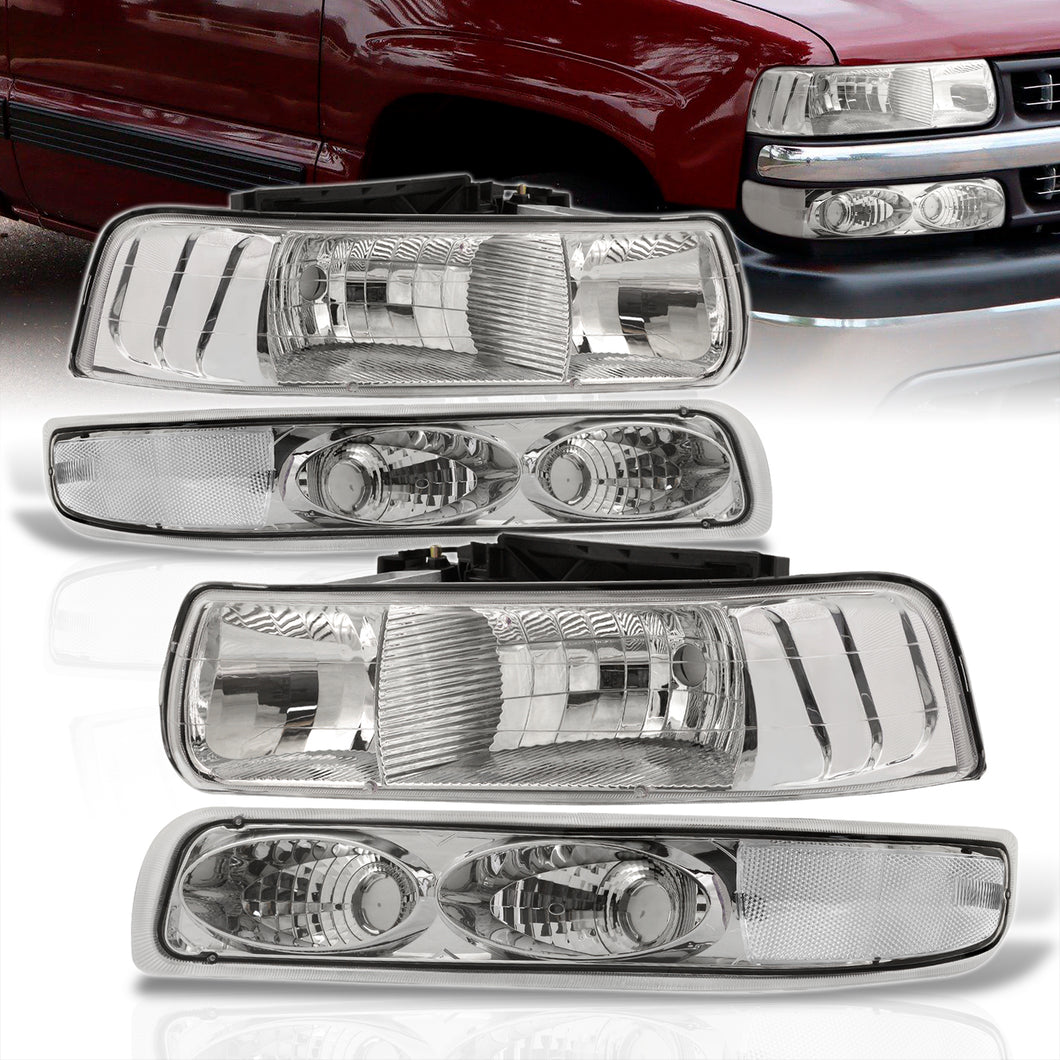 Chevrolet Silverado 1999-2002 / Suburban Tahoe 2000-2006 Factory Style Headlights + Bumpers Chrome Housing Clear Len Clear Reflector
